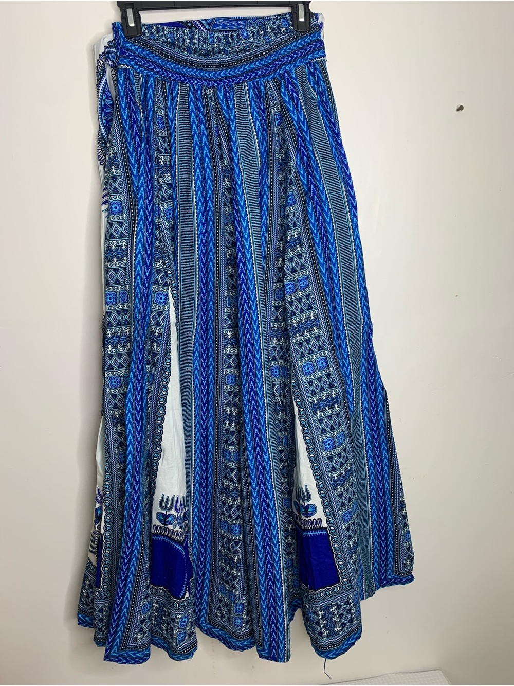 Bohemian Blue & White Cotton tribal tie waist smocked pocket maxi skirt small - Picture 3 of 14